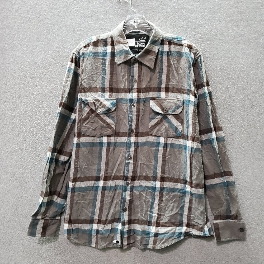 Blue Crown Men Button Up Shirt Large Gray Plaid Flannel Pockets Long Sleeve